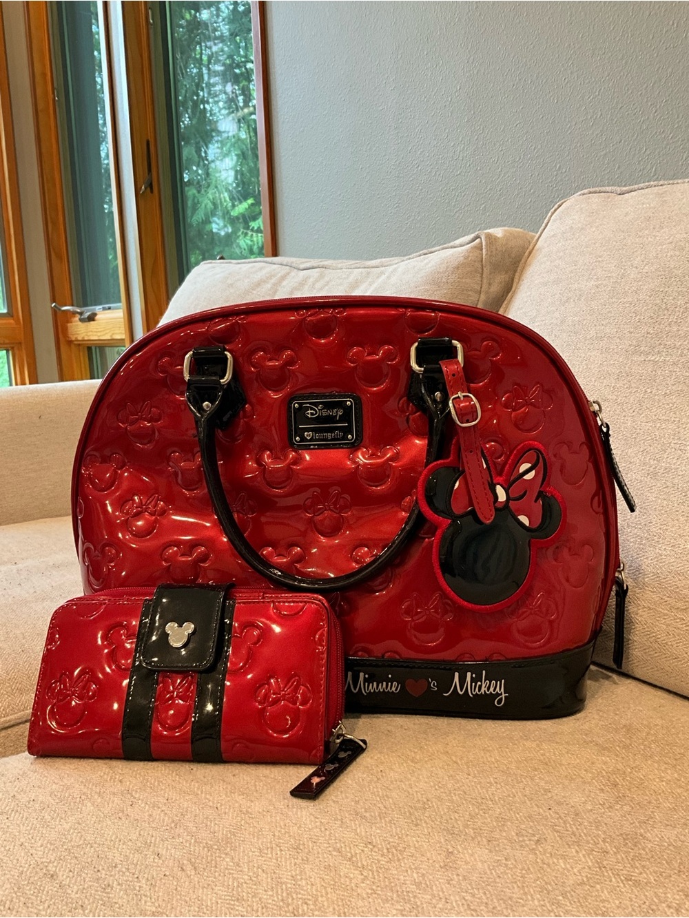 Loungefly Disney Minnie & Mickey Red Patent Embossed Bowler Bag Matching Wallet